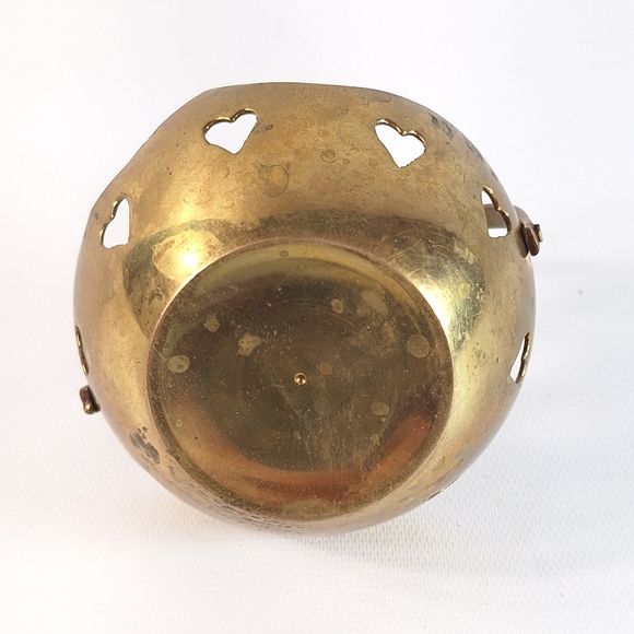Vintage Indian Brass Basket with Heart Cutouts and Hinged Handle - Picture 6 of 8